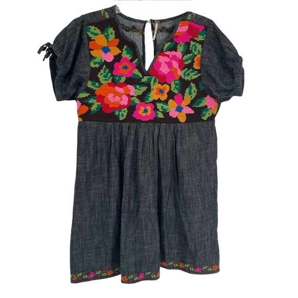 Free People Dress Women Size XS Floral Embroidered Chambray Mini Short Sleeve - Picture 3 of 12